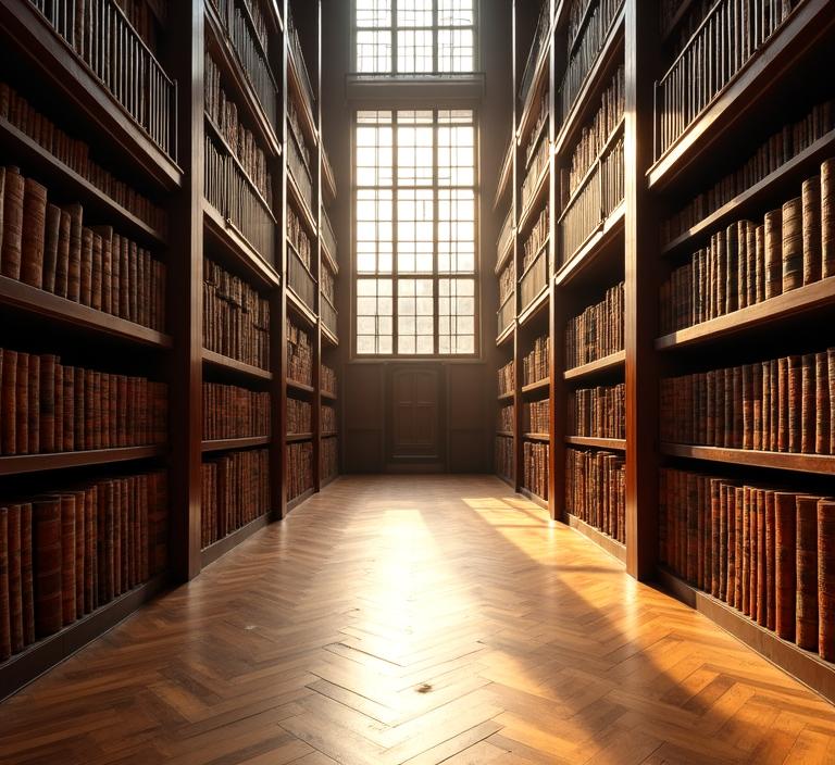 Interno della biblioteca storica con scaffali in legno e luce soffusa